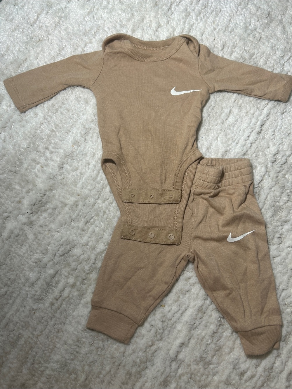Nike Beige Long Sleeve Bodysuit and Pants Set with White Swoosh